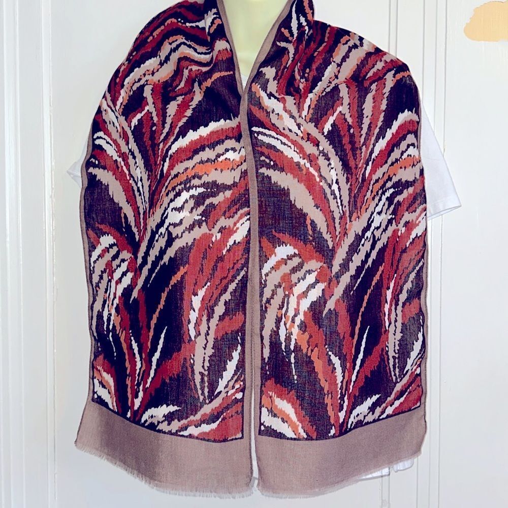 Vtg 70s/80s Auteuil‎ Fabrics brown, orange, tan, white & maroon long scarf